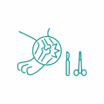 CHIRURGIA ORTOPEDICA Disegno lineare di un gatto con un cono al collo, accanto a un bisturi e a un paio di forbici, che suggerisce un intervento di chirurgia veterinaria o una procedura medica per gli animali.