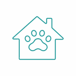 DEGENZE Un semplice disegno al tratto di una casa con una grande impronta di zampa al centro, che simboleggia una casa per animali domestici o un rifugio per animali.