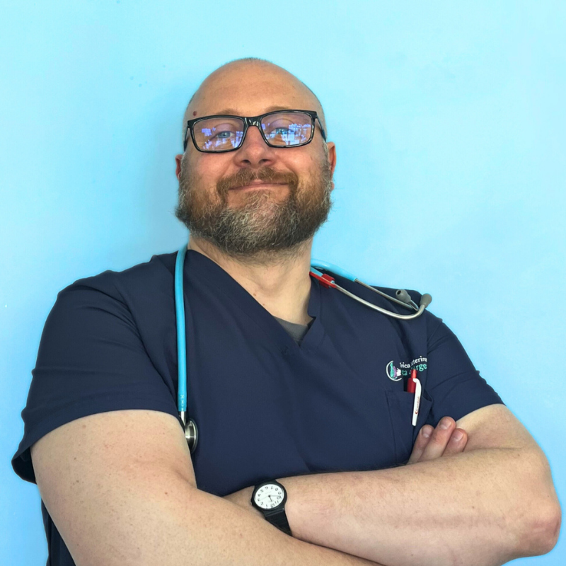 Il Dottor Nicola Ielasi, medico veterinario della Clinica Veterinaria Costa d'Argento. Un uomo barbuto con occhiali, camice da medico blu navy e stetoscopio sta in piedi con le braccia incrociate, sorridendo con sicurezza davanti a uno sfondo azzurro.