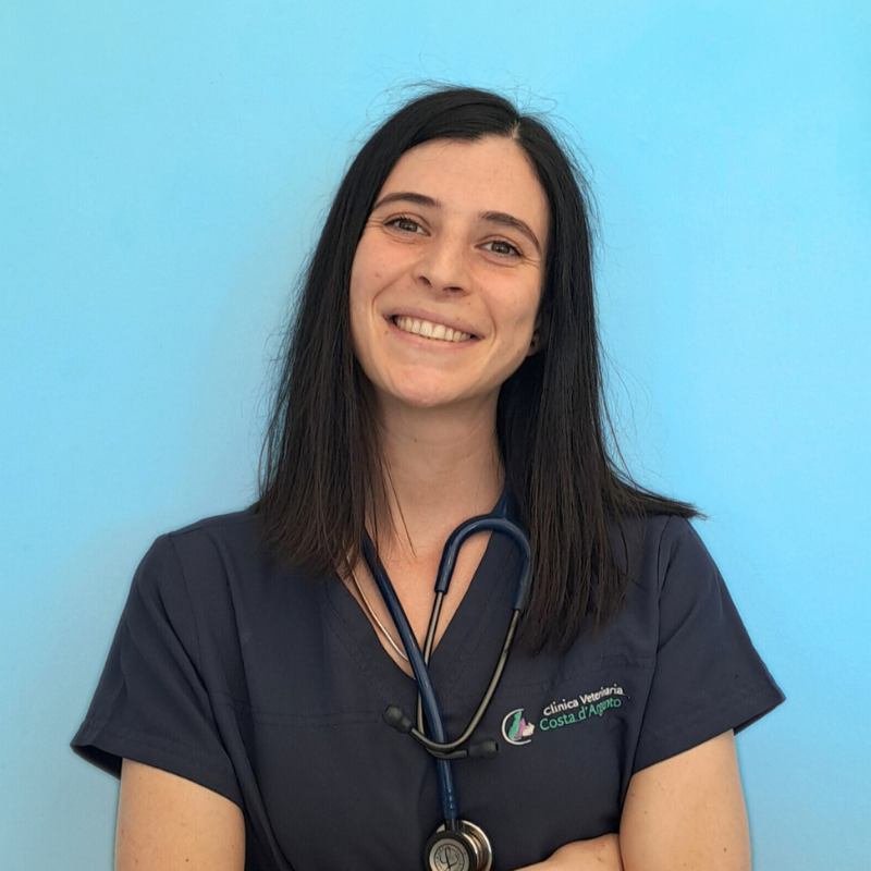 La dottoressa Alice Focarelli, medico veterinario della Clinica Veterinaria Costa d'Argento. Una donna dai lunghi capelli scuri sorride alla telecamera, indossando un camice medico blu navy e uno stetoscopio al collo, su uno sfondo azzurro.