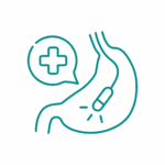 ENDOSCOPIA Disegno lineare di uno stomaco con all'interno una capsula ingeribile che emette segnali e una bolla vocale con una croce medica, che rappresenta la salute digitale o l'endoscopia a capsula.