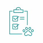 MEDICINA INTERNA Disegno lineare di una cartellina con segni di spunta in due caselle e una grande impronta di zampa accanto, che rappresenta una lista di controllo relativa agli animali domestici o alle attività veterinarie.