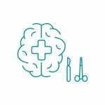 NEUROCHIRURGIA Disegno lineare di un cervello con una croce medica al centro, accanto a un bisturi e a un paio di forbici chirurgiche, che simboleggia la chirurgia cerebrale o la neurochirurgia.