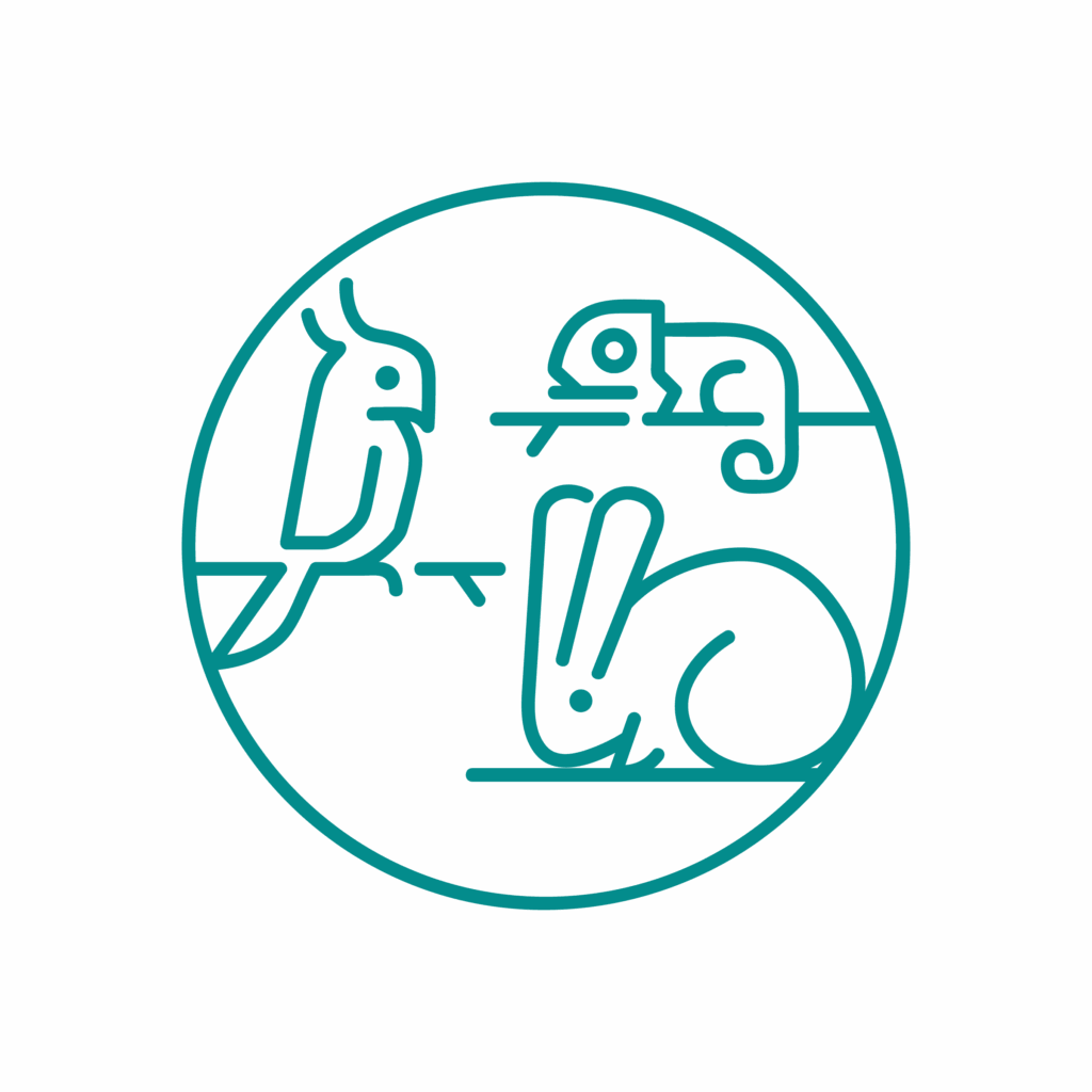 Un disegno al tratto minimalista di un uccello, un camaleonte e un coniglio all'interno di un bordo circolare; ogni animale è rappresentato con uno stile semplice e astratto.