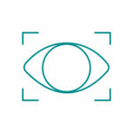 OFTALMOLOGIA Un semplice disegno a linee verde acqua di un occhio all'interno di un rettangolo formato da quattro parentesi angolari, che rappresenta la visione, l'osservazione o la sorveglianza, su uno sfondo grigio chiaro.