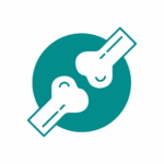 ORTOPEDIA Icona di due ossa che formano un'articolazione, delineata in verde chiaro con uno sfondo circolare verde, che rappresenta l'anatomia o l'ortopedia, su uno sfondo bianco.