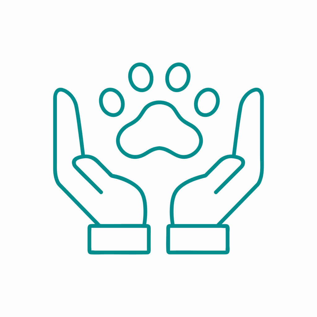 Disegno di contorno di due mani che si stringono intorno a una grande zampa, simbolo di cura, protezione o adozione di animali. L'immagine utilizza linee semplici di colore verde acqua su sfondo bianco.