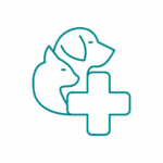 PRONTO SOCCORSO Semplice disegno al tratto di un gatto e di un cane con una croce medica davanti, che simboleggia le cure veterinarie o i servizi per la salute degli animali.