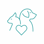 RIPRODUZIONE Semplice disegno al tratto di un gatto e di un cane seduti l'uno accanto all'altro con una forma di cuore davanti a loro, che simboleggia l'amore e la cura per gli animali domestici.