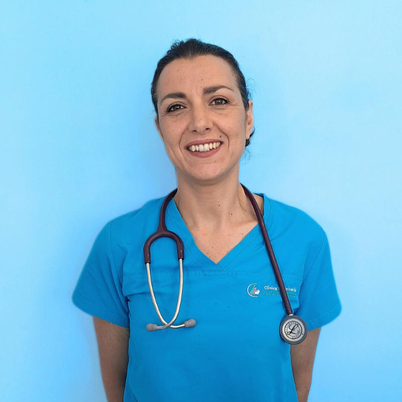 Sara Ferrini, tecnico veterinario della Clinica Veterinaria Costa d'Argento. Una donna che indossa un camice medico blu e uno stetoscopio sorride alla telecamera, in piedi davanti a uno sfondo azzurro.