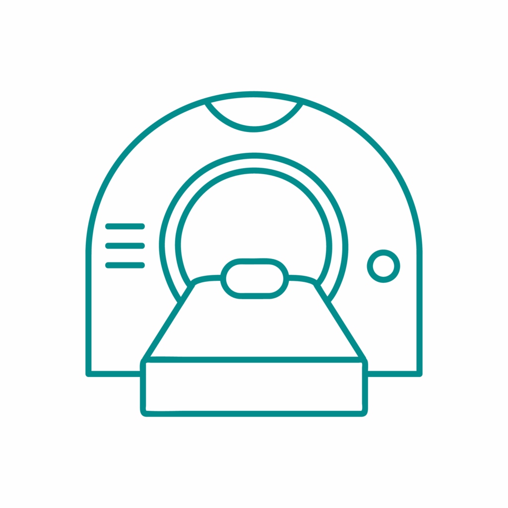 Disegno lineare di uno scanner medico per risonanza magnetica con tavolo paziente esteso, visto da davanti. Semplici contorni verdi su sfondo bianco.