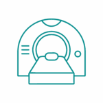 TC Disegno lineare di uno scanner medico per risonanza magnetica con tavolo paziente esteso, visto da davanti. Semplici contorni verdi su sfondo bianco.